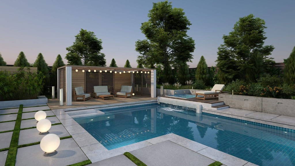 backyard remodeling, swimming pool, artificial turf, concrete, deck, spa